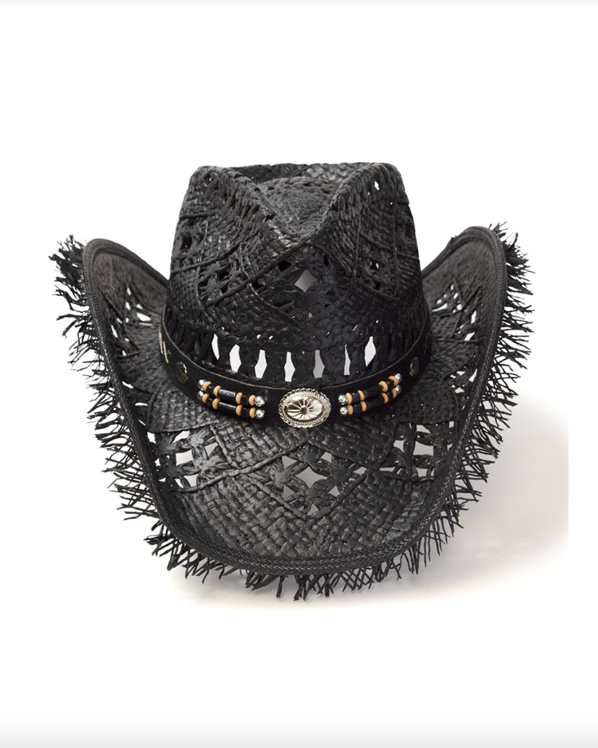 Straw Western Pinch Front Hat with Frayed Brim BLACK