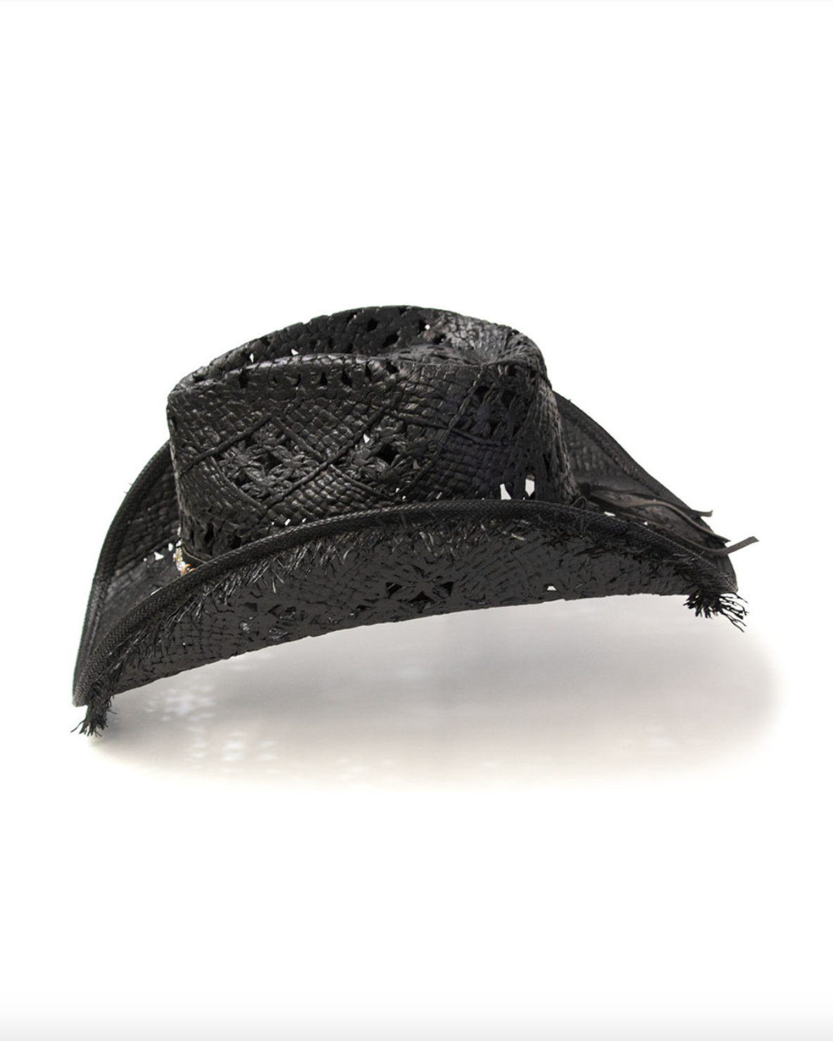 Straw Western Pinch Front Hat with Frayed Brim BLACK