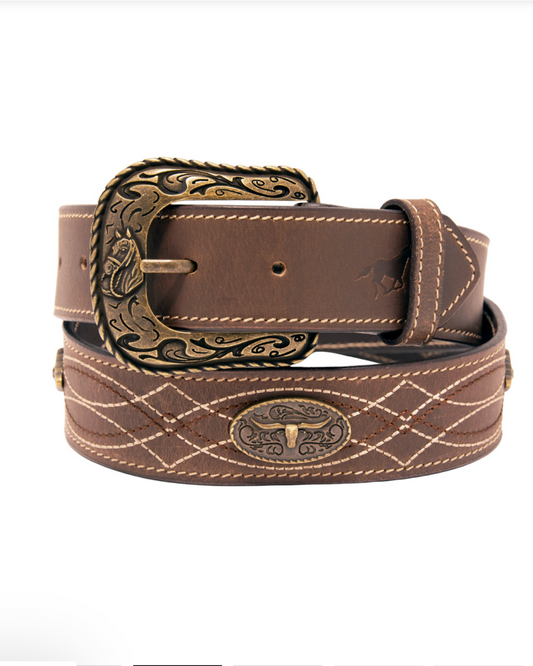 Brown leather belt with intricate gold buckle on a white background