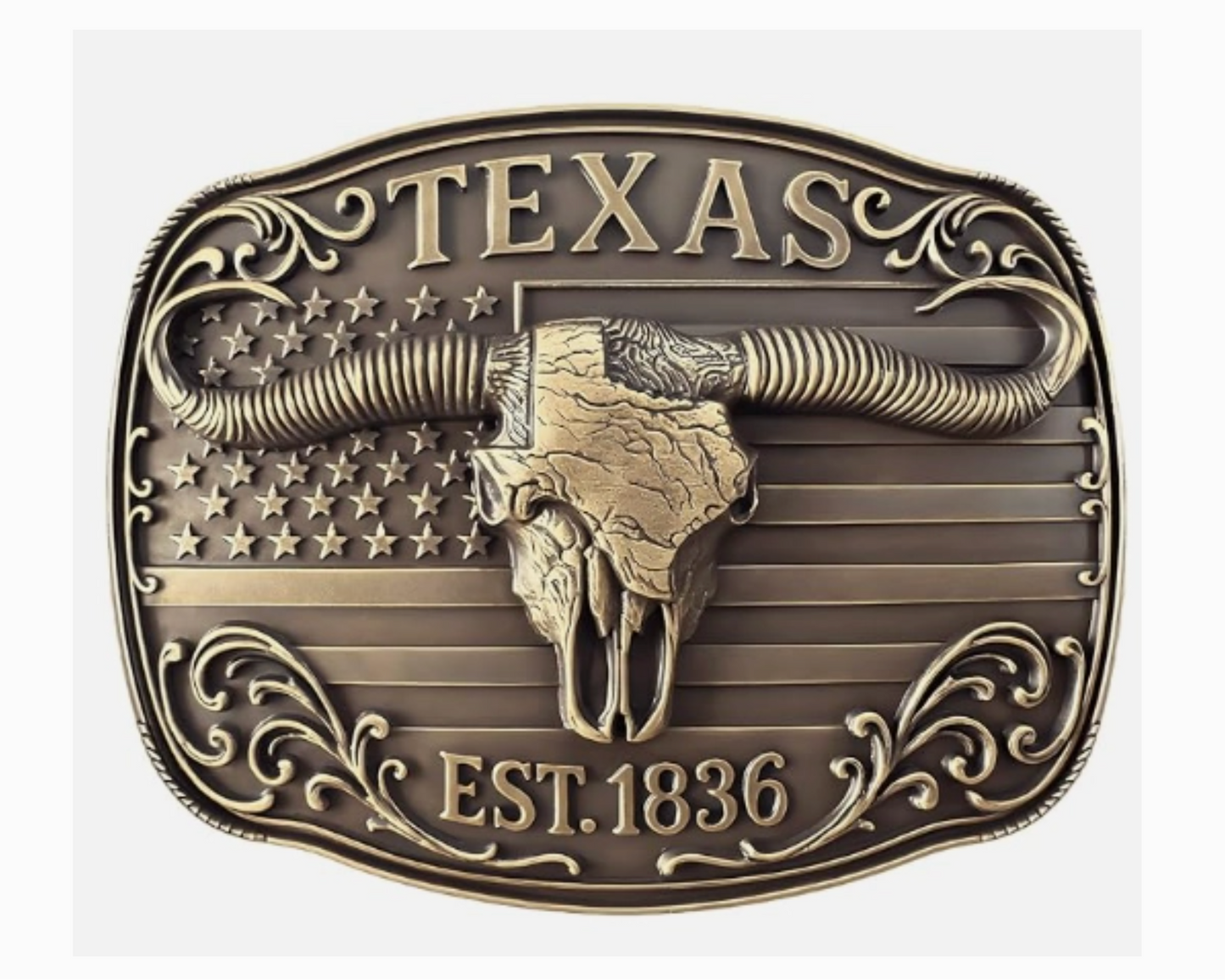 Belt buckle with Texas longhorn design and American flag on a white background