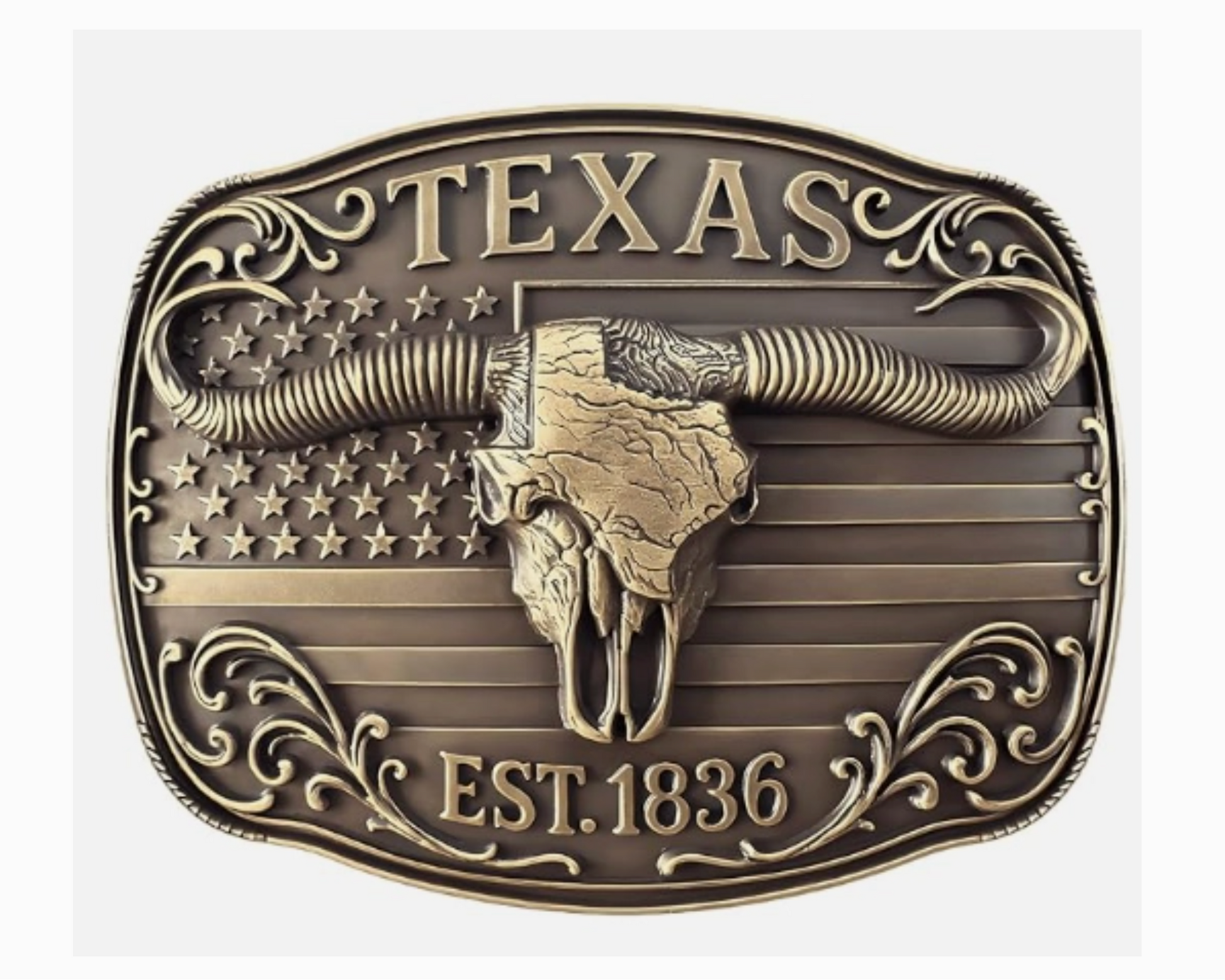 Belt buckle with Texas longhorn design and American flag on a white background