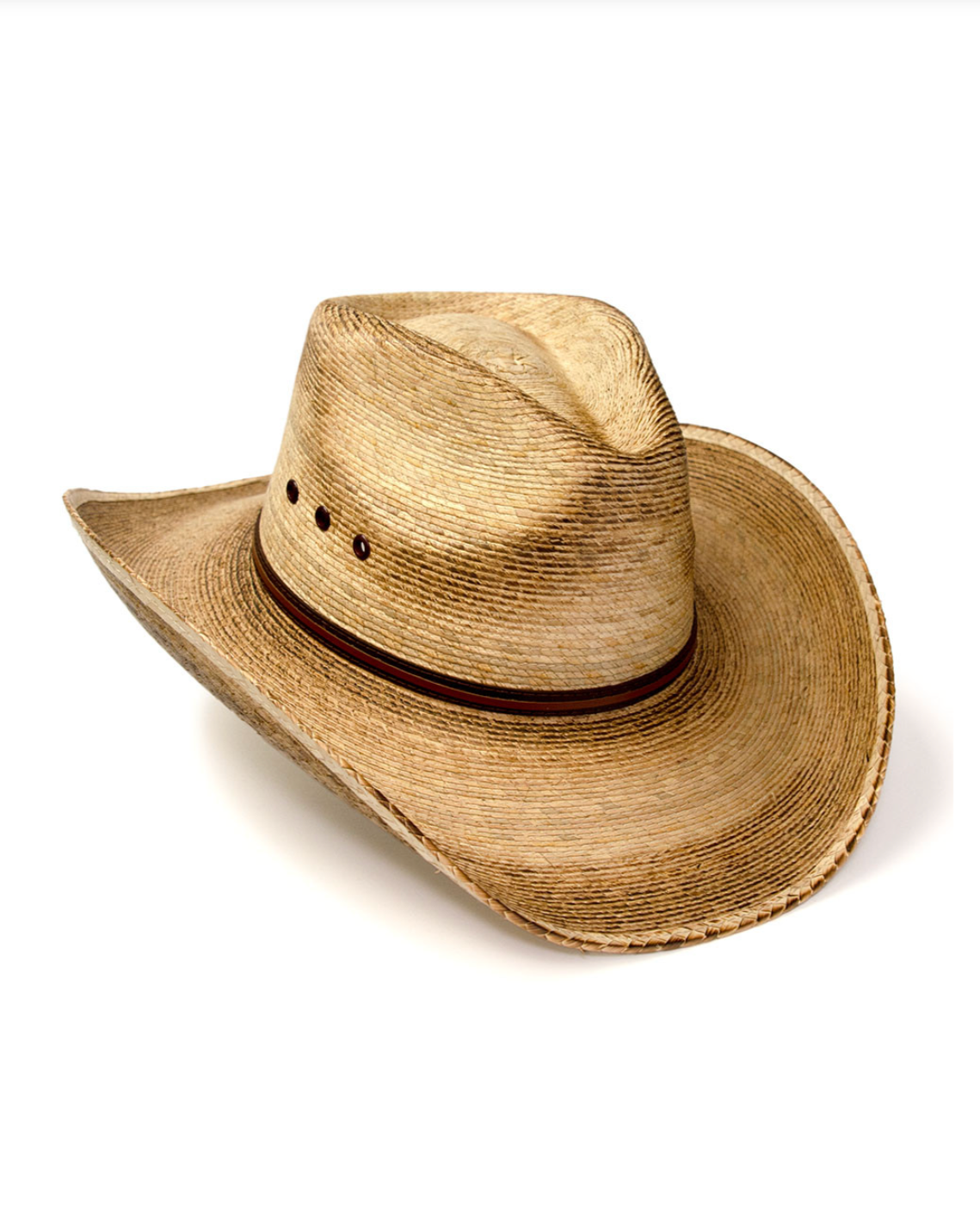 Straw cowboy hat with a band on a white background