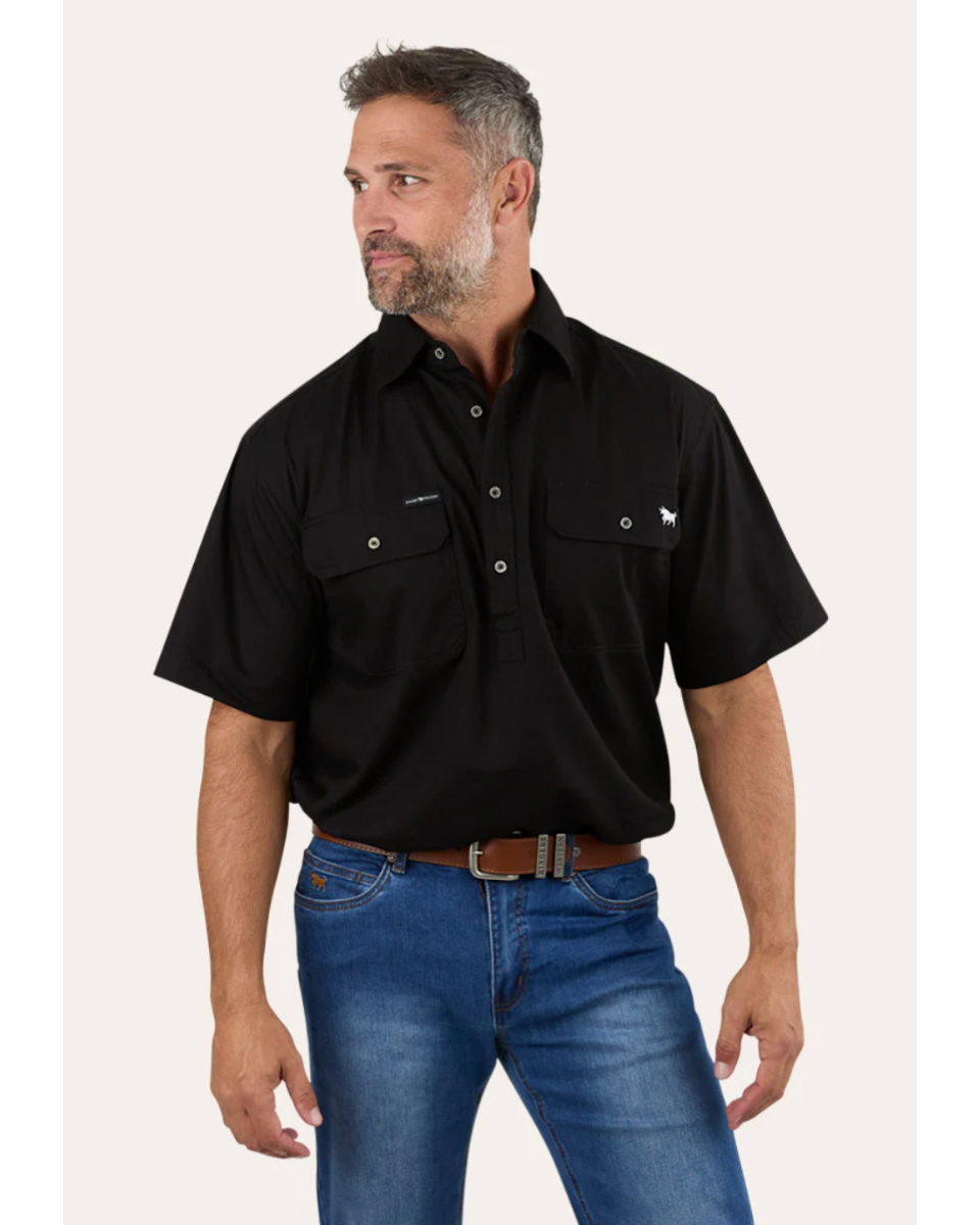 Ringers Western: Pack Saddle Mens Short Sleeve Half Button Work Shirt - Black