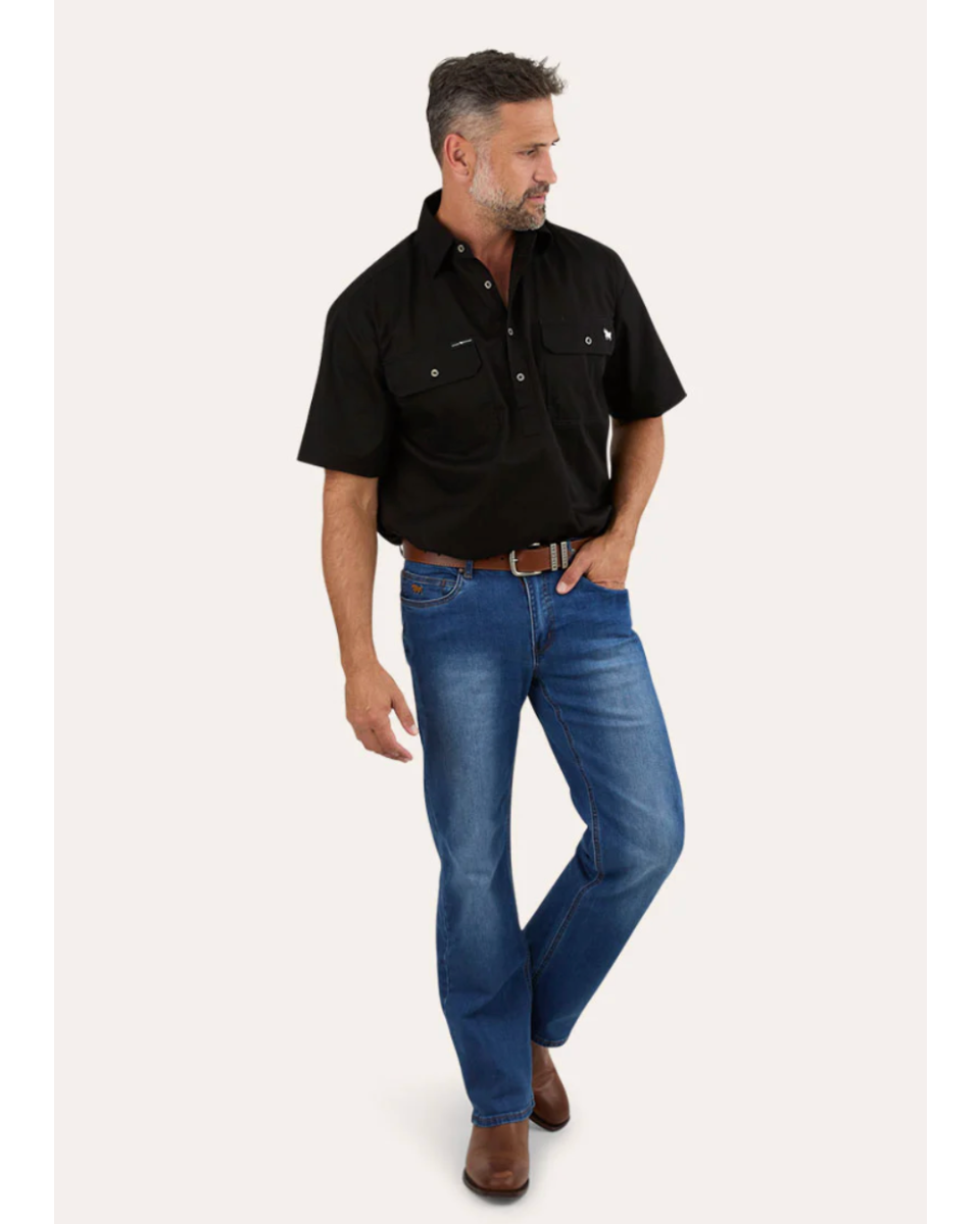Ringers Western: Pack Saddle Mens Short Sleeve Half Button Work Shirt - Black
