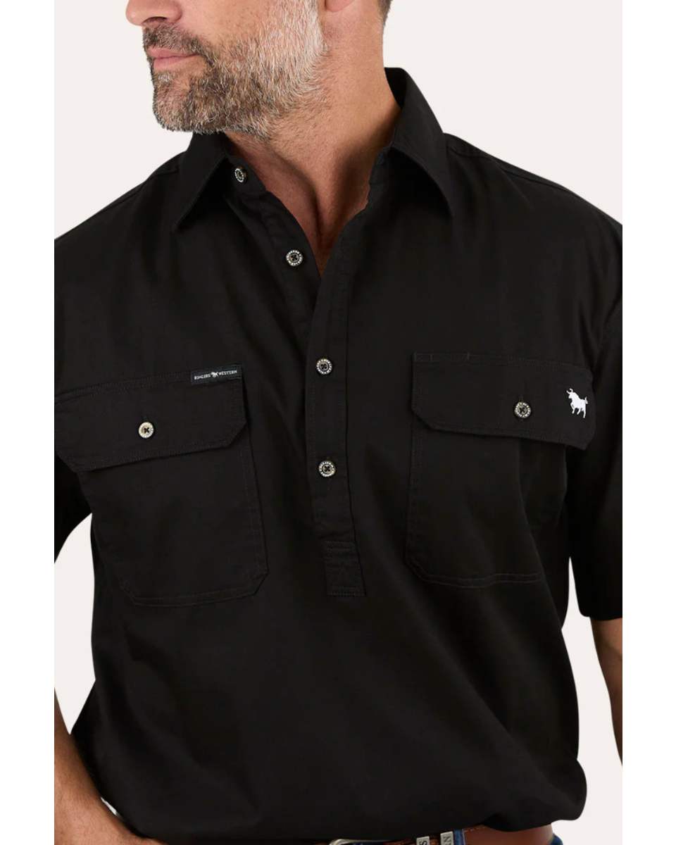 Ringers Western: Pack Saddle Mens Short Sleeve Half Button Work Shirt - Black