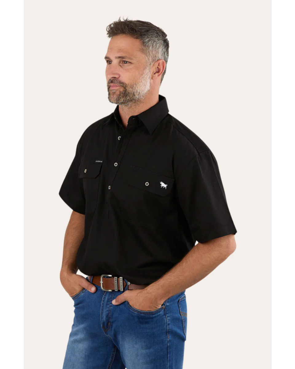 Ringers Western: Pack Saddle Mens Short Sleeve Half Button Work Shirt - Black