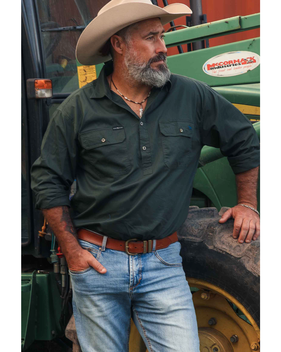 Ringers Western: Mens "King River" 100% Cotton Half Button Work Shirt in Dark Green - Texas Western New Zealand