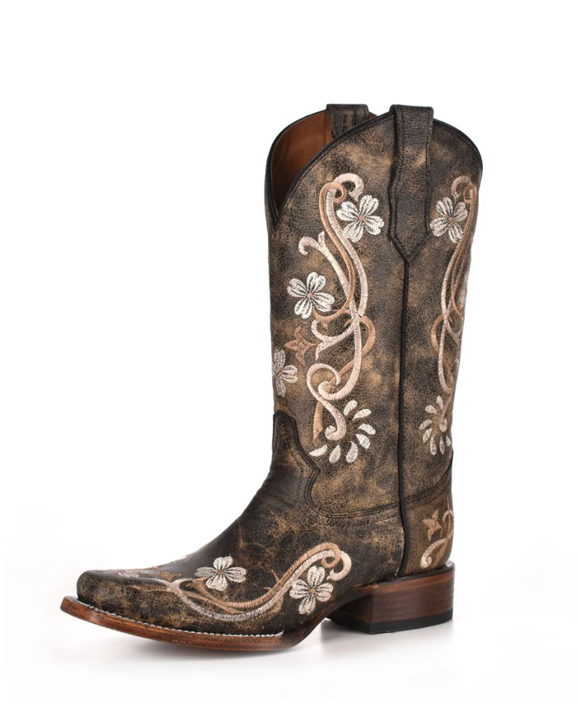 Circle G: Womans Narrow Square Toe Leather Cowboy Boots in Washed Black with Floral Embroidery - Texas Western New Zealand 
