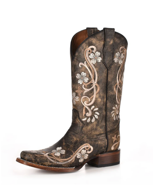 Circle G: Womans Narrow Square Toe Leather Cowboy Boots in Washed Black with Floral Embroidery - Texas Western New Zealand 