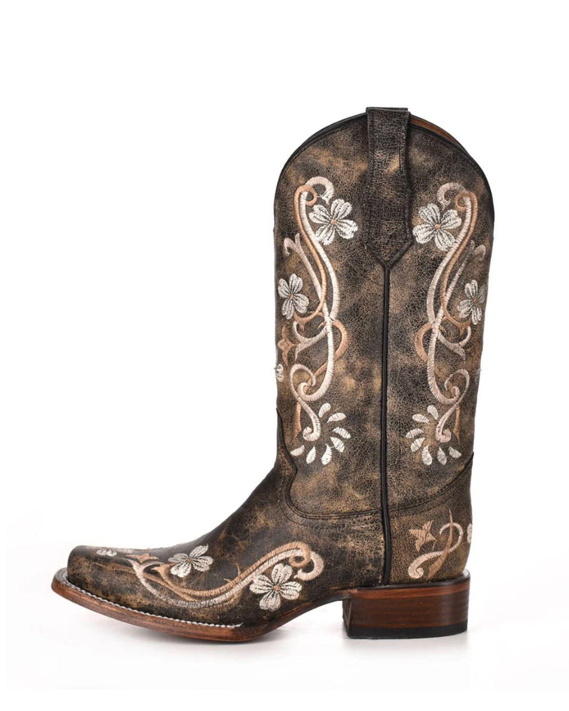 Circle G: Womans Narrow Square Toe Leather Cowboy Boots in Washed Black with Floral Embroidery - Texas Western New Zealand 