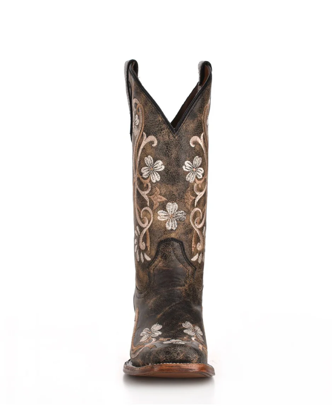 Circle G: Womans Narrow Square Toe Leather Cowboy Boots in Washed Black with Floral Embroidery - Texas Western New Zealand 