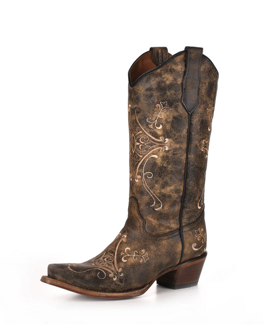 Circle G: Woman's Snip Toe Leather Cowboy Boots, with Crackle/Bone embroidery and stitching in washed black and tan - Texas Western New Zealand
