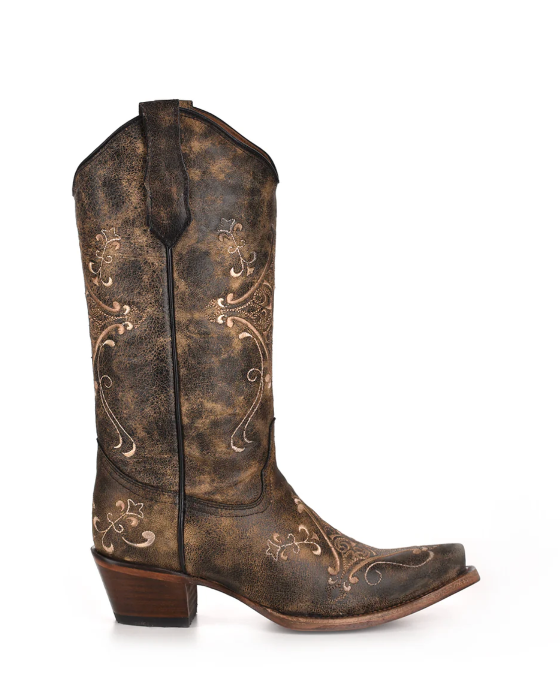 Circle G: Woman's Snip Toe Leather Cowboy Boots, with Crackle/Bone embroidery and stitching in washed black and tan - Texas Western New Zealand