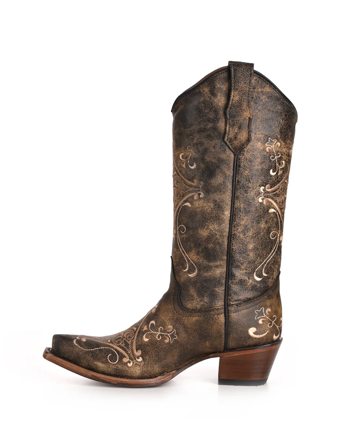 Circle G: Woman's Snip Toe Leather Cowboy Boots, with Crackle/Bone embroidery and stitching in washed black and tan - Texas Western New Zealand