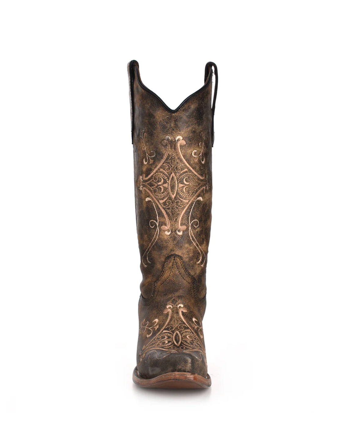 Circle G: Woman's Snip Toe Leather Cowboy Boots, with Crackle/Bone embroidery and stitching in washed black and tan - Texas Western New Zealand