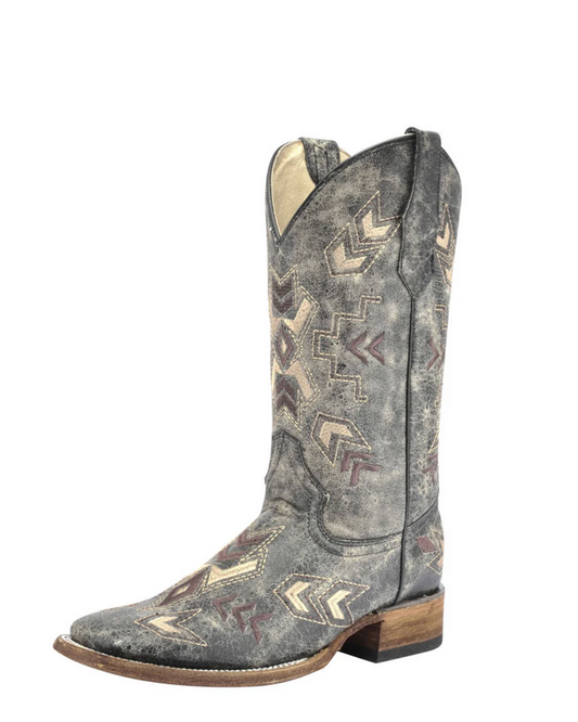 Circle G: Woman's Square Toe Leather Cowboy Boots with aztec embroidery in washed black - Texas Western New Zealand