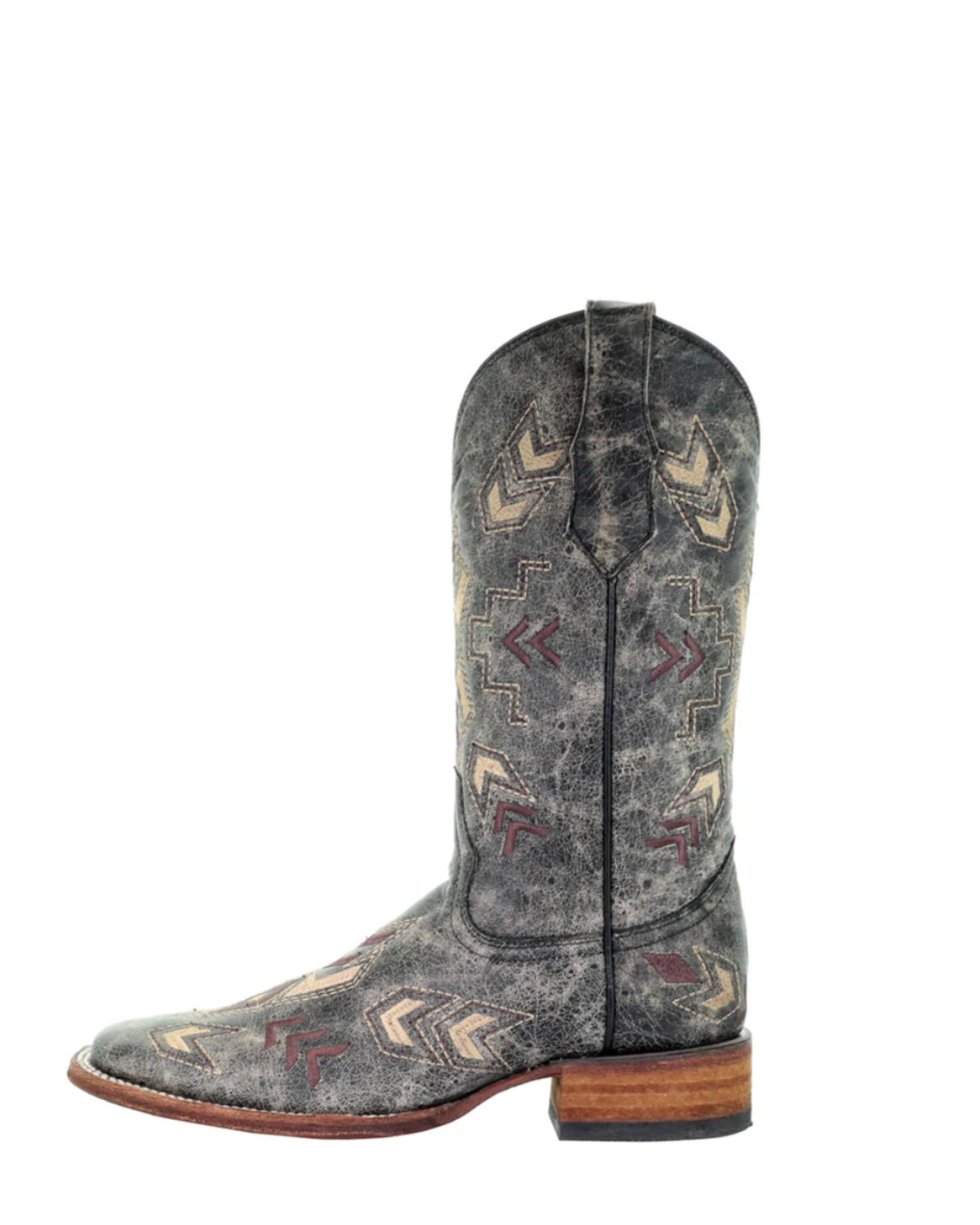 Circle G: Woman's Square Toe Leather Cowboy Boots with aztec embroidery in washed black - Texas Western New Zealand