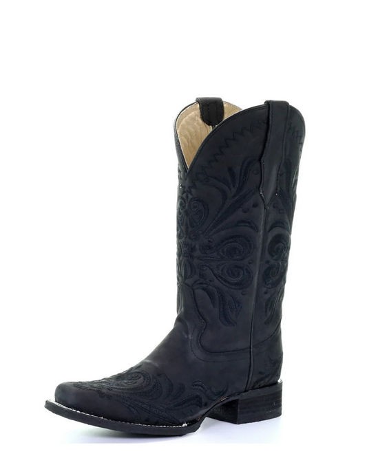 Circle G: Ladies Black Leather Cowboy Boots with a narrow square toe and black western stitching - Texas Western New Zealand