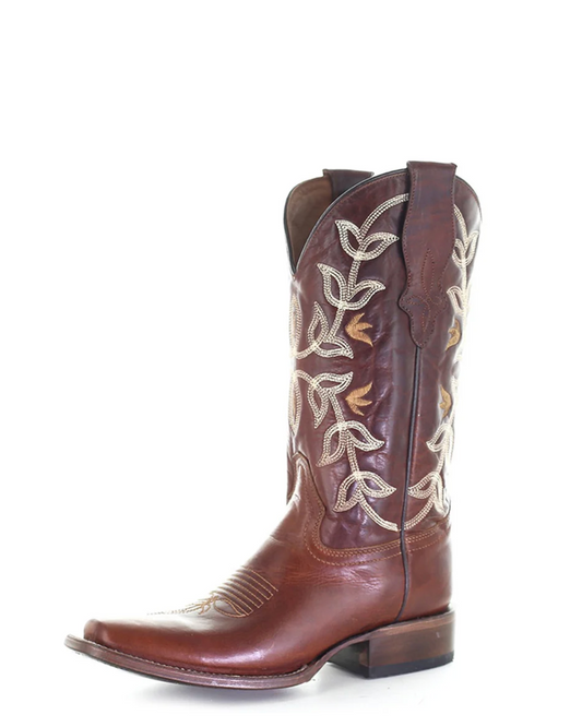 Circle G: Womans Narrow Square Toe Leater Cowboy Boots in Cognac with Tan Western Stitching and Embroidery - Texas Western New Zealand 