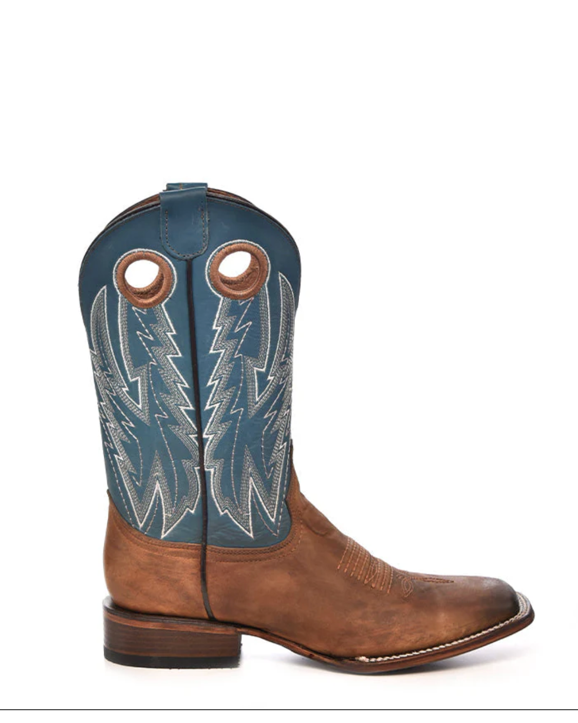 Circle G: Mens Square Toe Leather Cowboy Boots in Brown with a Blue Shaft with cutouts and western stitching/embroidery - Texas Western Apparel New Zealand