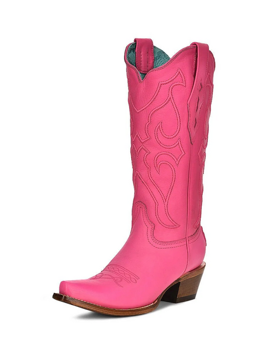 Corral: Womans Snip Toe Leather Cowboy Boots in Hot Pink with Western Stitching - Texas Western New Zealand