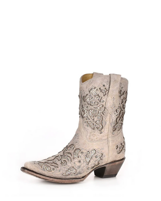 Corral: Woman's Snip Toe Leather Ankle Cowboy Boots, with White Glitter & Crystal embellishments and sequins in White - Texas Western New Zealand