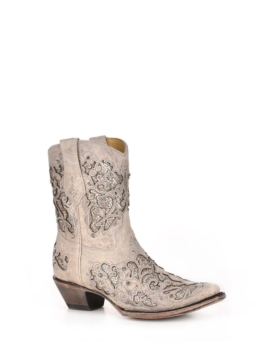 Corral: Woman's Snip Toe Leather Ankle Cowboy Boots, with White Glitter & Crystal embellishments and sequins in White - Texas Western New Zealand