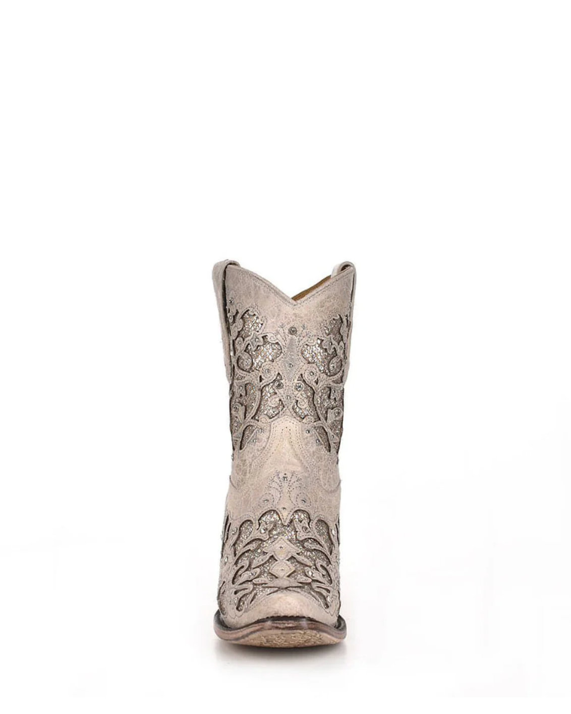 Corral: Woman's Snip Toe Leather Ankle Cowboy Boots, with White Glitter & Crystal embellishments and sequins in White - Texas Western New Zealand