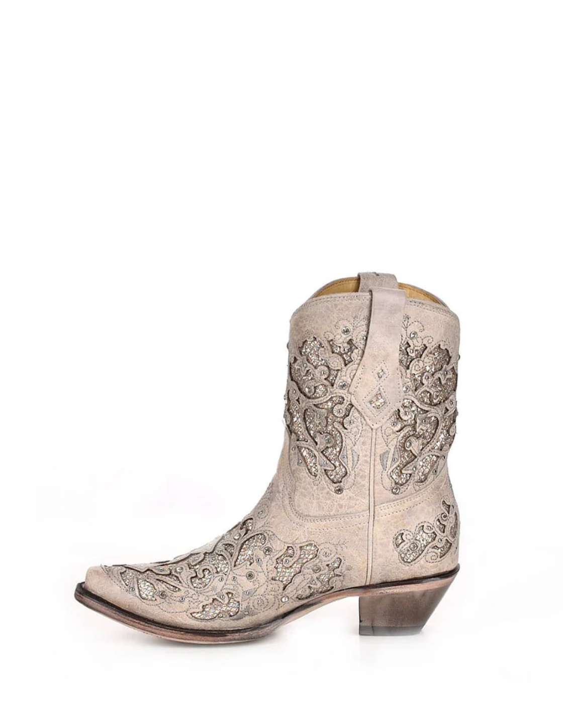 Corral: Woman's Snip Toe Leather Ankle Cowboy Boots, with White Glitter & Crystal embellishments and sequins in White - Texas Western New Zealand
