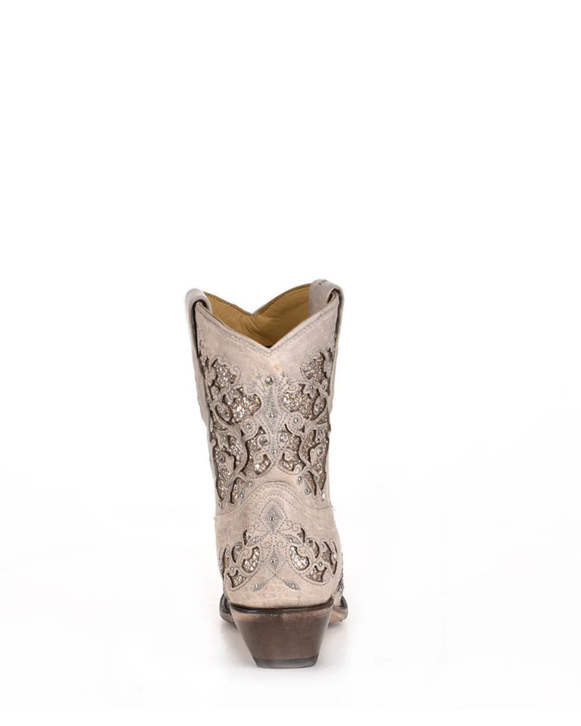 Corral: Woman's Snip Toe Leather Ankle Cowboy Boots, with White Glitter & Crystal embellishments and sequins in White - Texas Western New Zealand