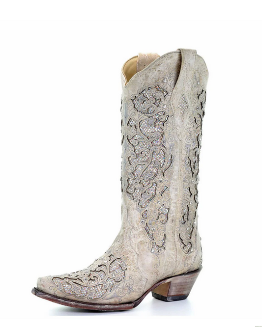 Corral: Woman's Snip Toe Leather Cowboy Boots, with White Glitter & Crystal embellishments and sequins in White - Texas Western New Zealand
