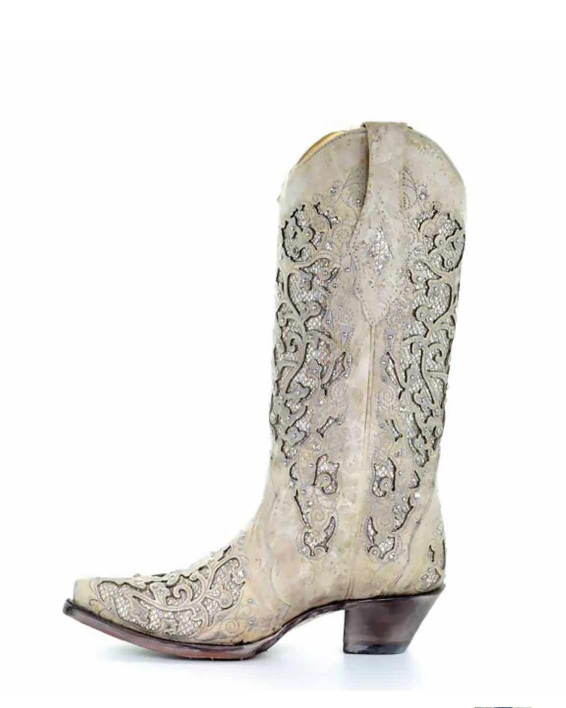 Corral: Woman's Snip Toe Leather Cowboy Boots, with White Glitter & Crystal embellishments and sequins in White - Texas Western New Zealand
