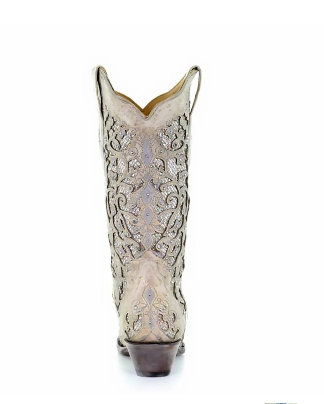 Corral: Woman's Snip Toe Leather Cowboy Boots, with White Glitter & Crystal embellishments and sequins in White - Texas Western New Zealand
