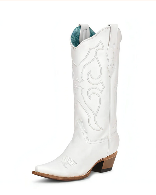 Corral: Women's White Leather Cowboy Boots with a Snip Toe and white western stitching - Texas Western New Zealand