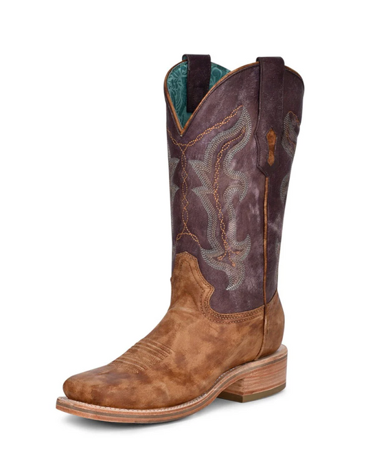 Corral: Woman's Leather Square Toe Cowboy Boots in Sand & Purple with Western Stitching - Texas Western New Zealand