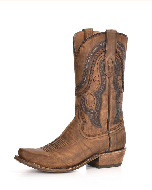 Corral: Mens Cowhide Leather Snip Toe Cowboy Boots in washed brown with Western Stitching - Texas Western New Zealand