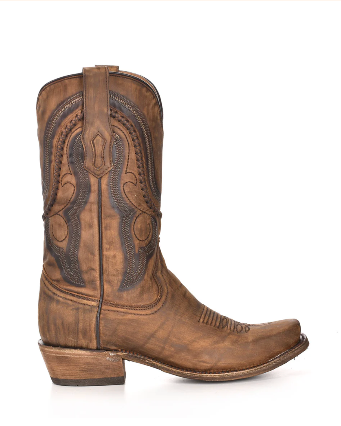 Corral: Mens Cowhide Leather Snip Toe Cowboy Boots in washed brown with Western Stitching - Texas Western New Zealand