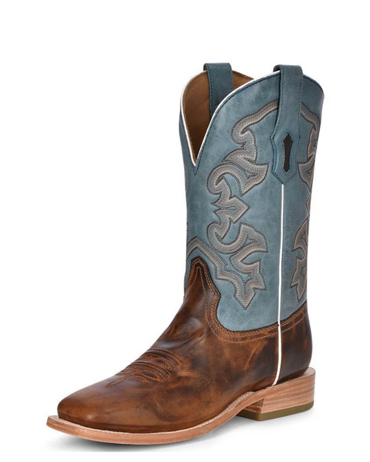 Corral: Mens Square Toe Leather Cowboy Boots in Brown with a blue shaft and western stitching/embroidery - Texas Western Apparel New Zealand 