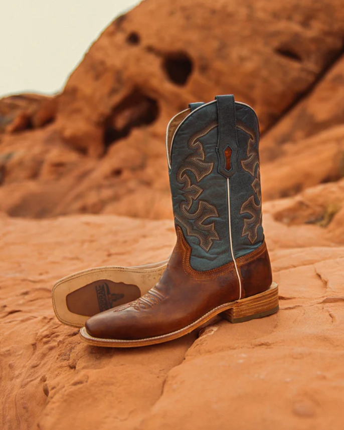 Corral: Mens Square Toe Leather Cowboy Boots in Brown with a blue shaft and western stitching/embroidery - Texas Western Apparel New Zealand 