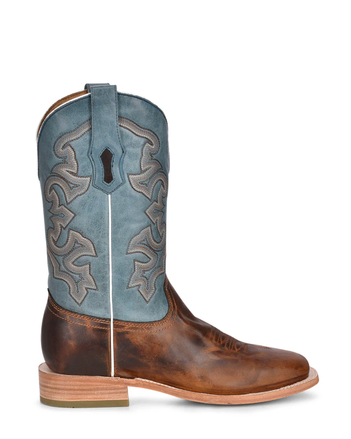 Corral: Mens Square Toe Leather Cowboy Boots in Brown with a blue shaft and western stitching/embroidery - Texas Western Apparel New Zealand 