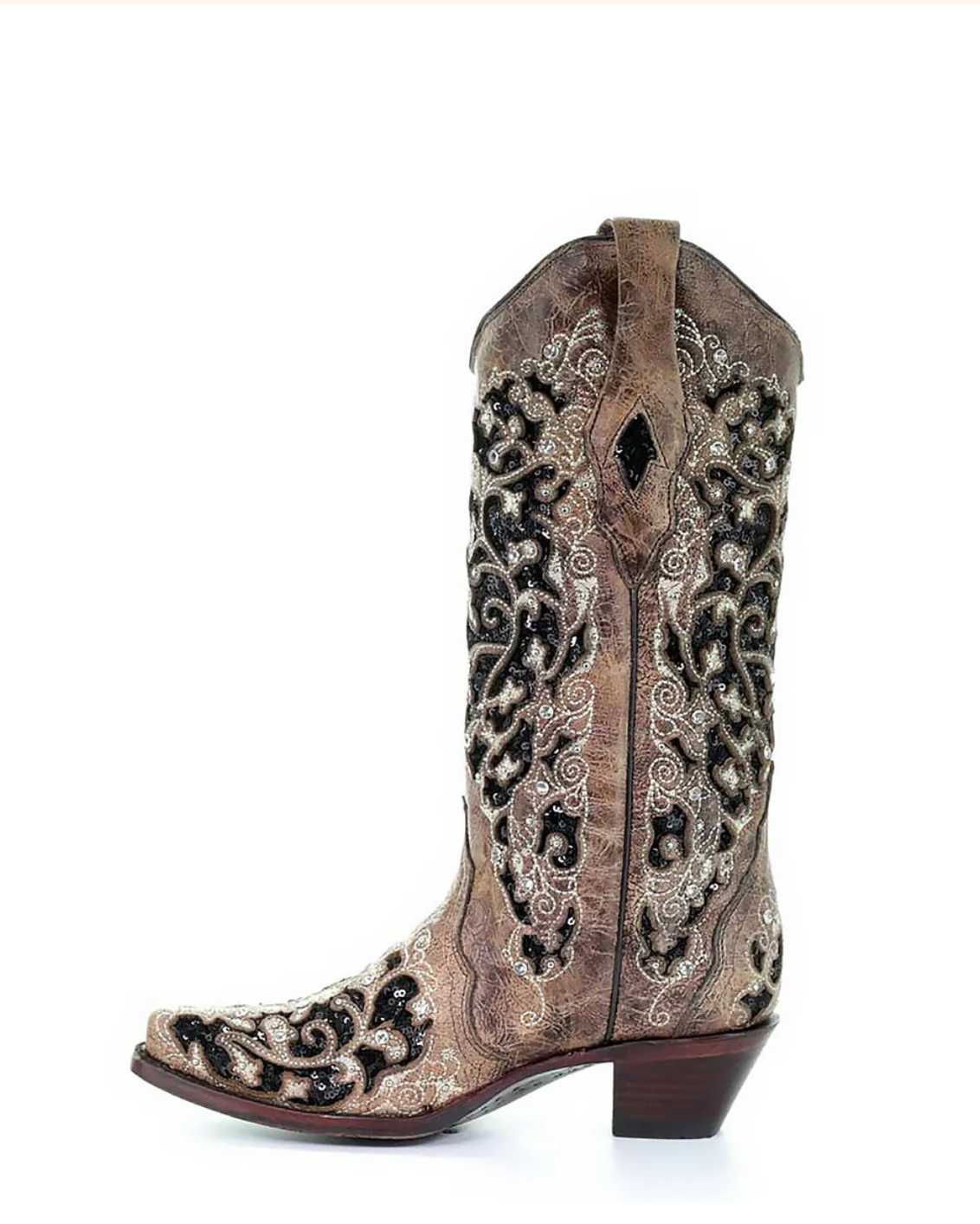 Corral: Woman's Snip Toe Leather  Cowboy Boots, with black/brown Glitter & Crystal embellishments and sequins in Black/Brown - Texas Western New Zealand