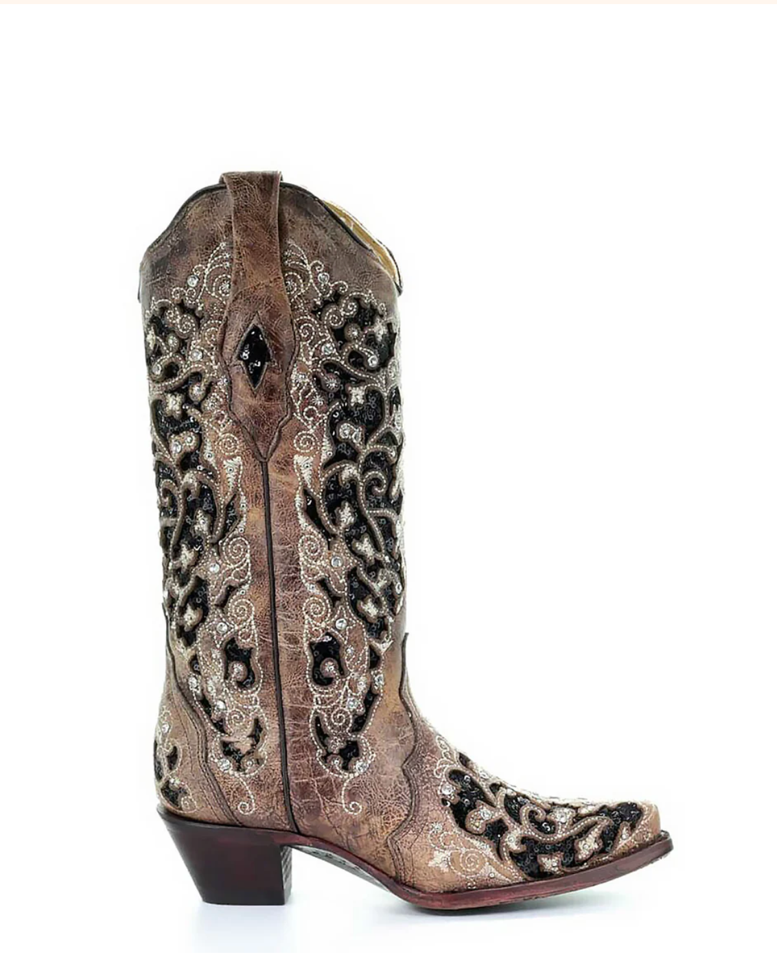 Corral: Woman's Snip Toe Leather  Cowboy Boots, with black/brown Glitter & Crystal embellishments and sequins in Black/Brown - Texas Western New Zealand
