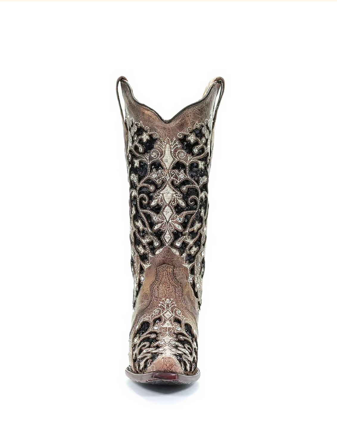 Corral: Woman's Snip Toe Leather  Cowboy Boots, with black/brown Glitter & Crystal embellishments and sequins in Black/Brown - Texas Western New Zealand