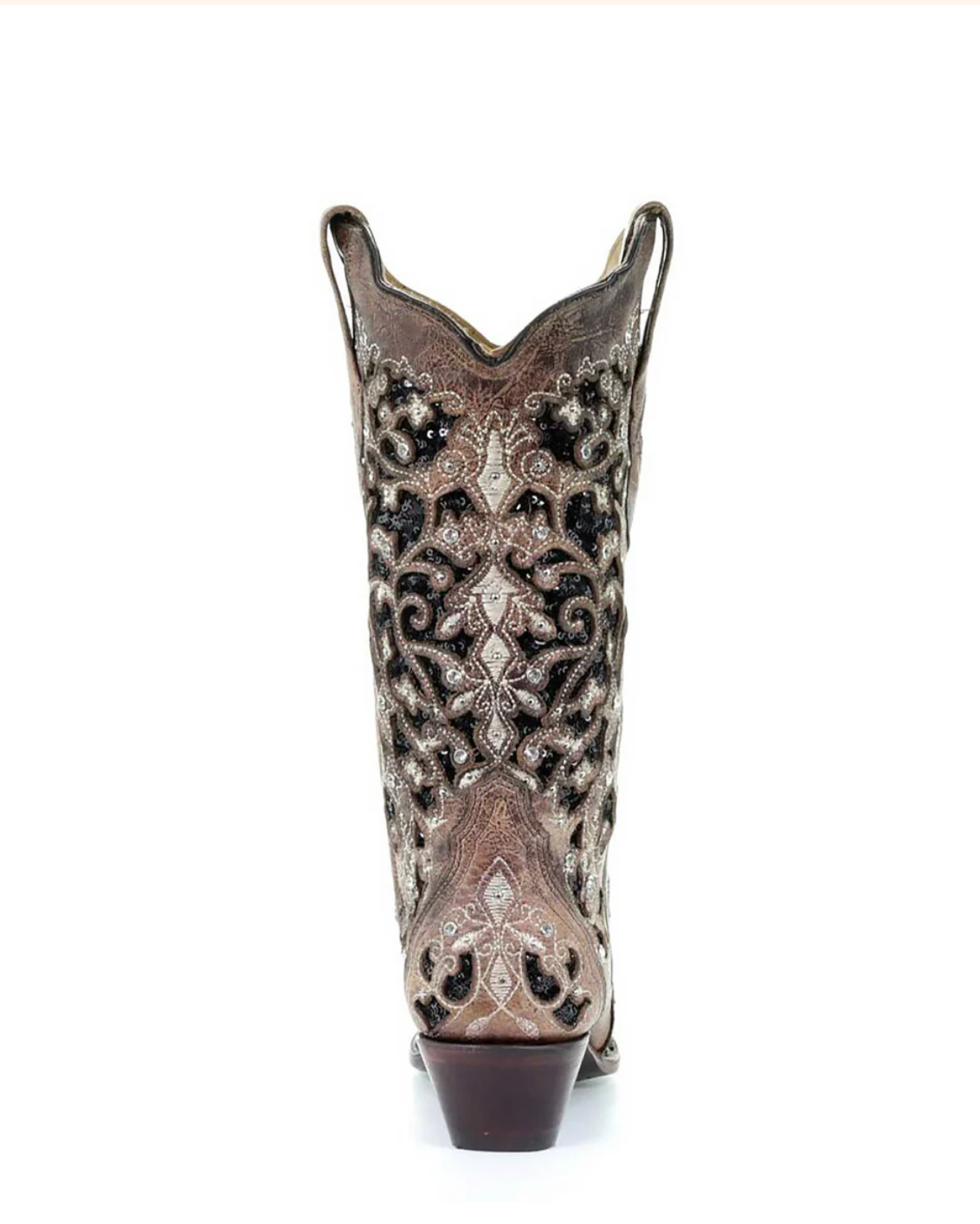 Corral: Woman's Snip Toe Leather  Cowboy Boots, with black/brown Glitter & Crystal embellishments and sequins in Black/Brown - Texas Western New Zealand
