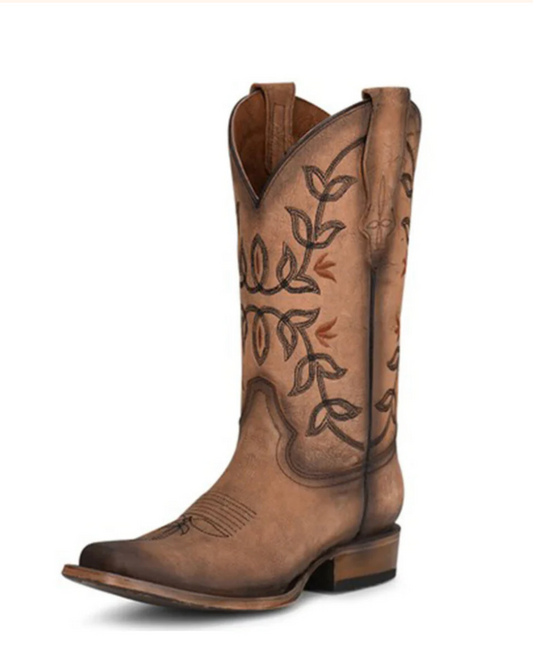 Circle G: Womans Leather Square Toe Cowboy Boots with Flowered Embroidery in Tan/Brown - Texas Western New Zeland
