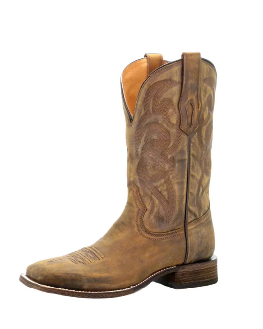 Corral: Men's "Golden Western Embroidery" Square Toe Leather Cowboy Boots in washed brown - Texas Western New Zealand 