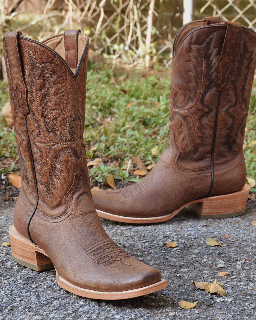 Corral: Men's narrow square toe leather cowboy boots in chocolate brown with western embroidery - Texas Western New Zealand 