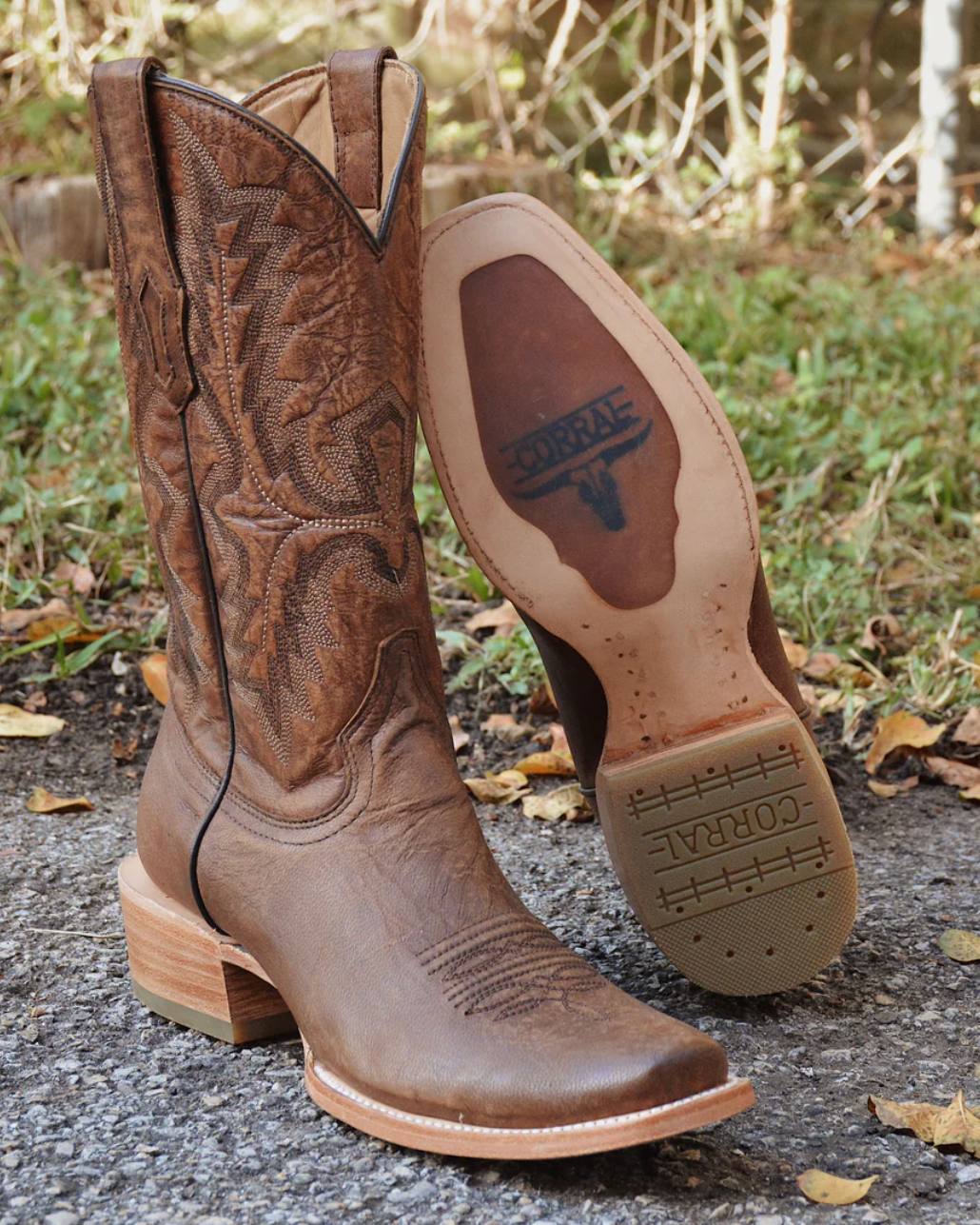 Corral: Men's narrow square toe leather cowboy boots in chocolate brown with western embroidery - Texas Western New Zealand 