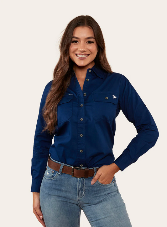 Ringers Western: Woman's 100% Cotton Pentecost River Half Button Work Shirt in Navy - Texas Western New Zealand