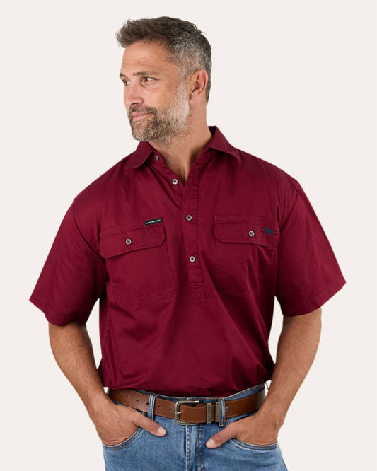 Ringers Western: Mens 100% Cotton 1/2 Button Work Shirt in the colour Burgundy featuring minimal embroidery of the ringers western bull - Texas Western New Zealand